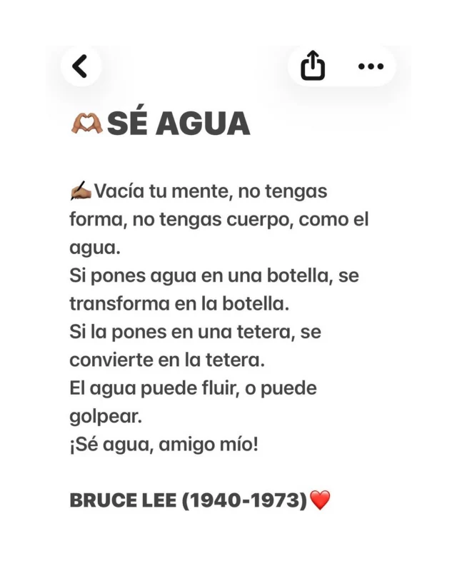 ❤️ Así, tal cual…

✍🏽 Guardemos este recordatorio de Bruce Lee.

Me gusta imaginarme como el agua: fluyendo, adaptándome, sin dejar de avanzar. A veces la vida no necesita que forcemos el camino, sino que aprendamos a movernos con él.

FLUYENDO. 🌊

Que sea un gran día.

Fuente: Sabiduría del internet.

#alto_voltaje_emocional #blogpersonal #brucelee #reflexiones #cuarentona