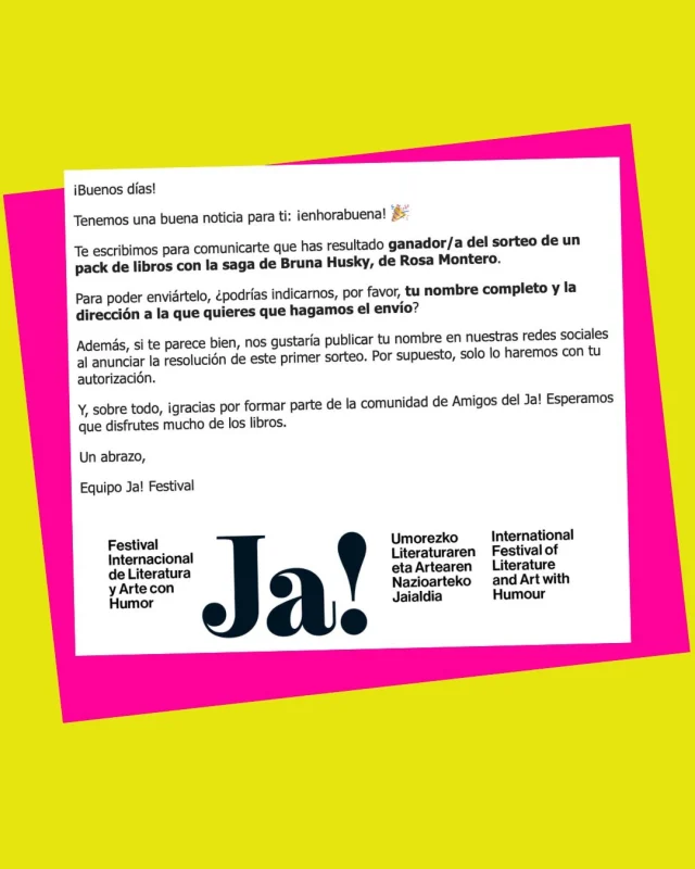 OmaiGosh… ¡GANÉ UN SORTEO! 🥰🥳🤯

Y no cualquier sorteo: me gané un pack completo de la saga de Bruna Husky, de Rosa Montero, gracias al JA! Festival. 🤍

Juro que cuando recibí el correo lo leí dos veces. Yo no soy precisamente esa humanita a la que el azar suele sonreírle. 😂

La emoción fue tanta que me levanté de la silla y me puse a bailar.

Y creo que me hizo todavía más feliz porque el JA! Festival ocupa un lugar muy especial en mi vida desde que llegué a España.

Descubrí el festival buscando espacios que me hicieran echar raíces y terminé enamorada de Bilbao, de sus conversaciones, de sus autores, de las ideas que te dejan pensando… y, obviamente, de sus pintxos. Porque una 
también va a nutrirse intelectualmente. Jiji. 😂

Desde entonces, volver al JA! se convirtió en tradición. Muchas veces coincide con nuestro aniversario de bodas y, de alguna manera, Bilbao se volvió parte de nuestras celebraciones.

De hecho, en nuestro primer festival hicimos algo muy poco elegante pero muy sentimental: nos llevamos un cartel como recuerdo. 😂

Ahora vive en nuestra casa, enmarcado como obra de arte. Porque si algo aprendí de ese viaje es que los recuerdos también necesitan su espacio.

Y este octubre volvemos. 🥹

Volvemos a escuchar, reír, pensar, dejarnos sacudir por buenas ideas, comer pintxos y celebrar la vida.

Y ahora, además, voy llegando con una buena dosis de Rosa Montero bajo el brazo. 📚

Gracias, JA! Festival, por este regalazo y por regalarme también tantos momentos que ya forman parte de nuestra historia.

Que la vida nos siga encontrando en lugares donde podamos aprender, celebrar y reírnos un montón.

Y, de vez en cuando, ganar un sorteo. 😂🤞🏽
.
.

#alto_voltaje_emocional #jafestival2026 #bilbao #blogpersonal